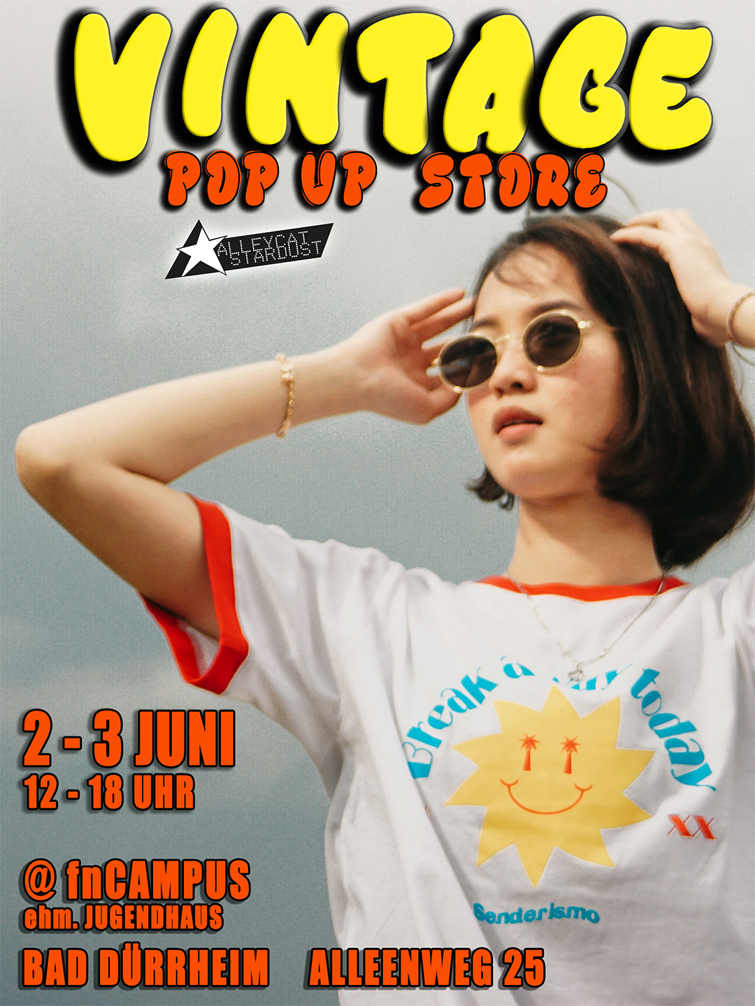Flyer für den Vintage clothing pop up Store in Bad Dürrheim. 2. und 3. Juni 2026 jeweils von 12 bis 18 Uhr. Fn Campus - Alleenweg 25 