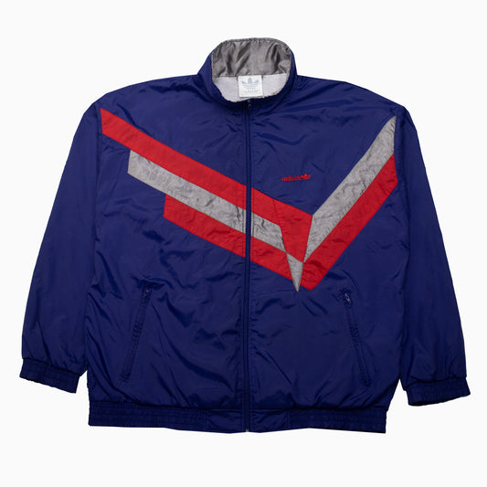 Vintage Adidas Track Jacket in blau mit roten und silbernen Akzenten in Grössen XL