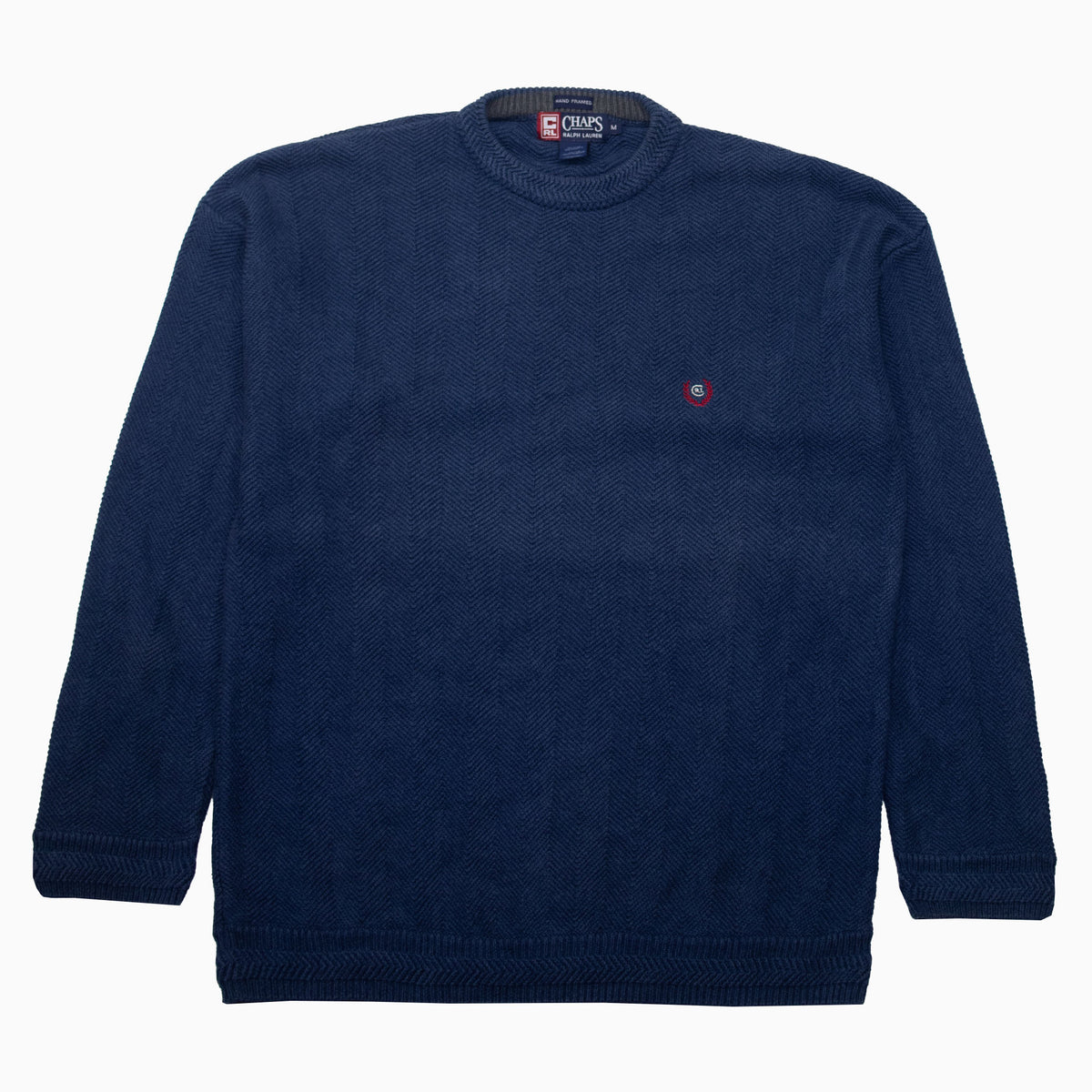 Blauer Chaps-by-Ralph-Lauren-Strickpullover mit Strukturmuster, Rundhalsausschnitt und kleinem Brustwappen, Vorderseite