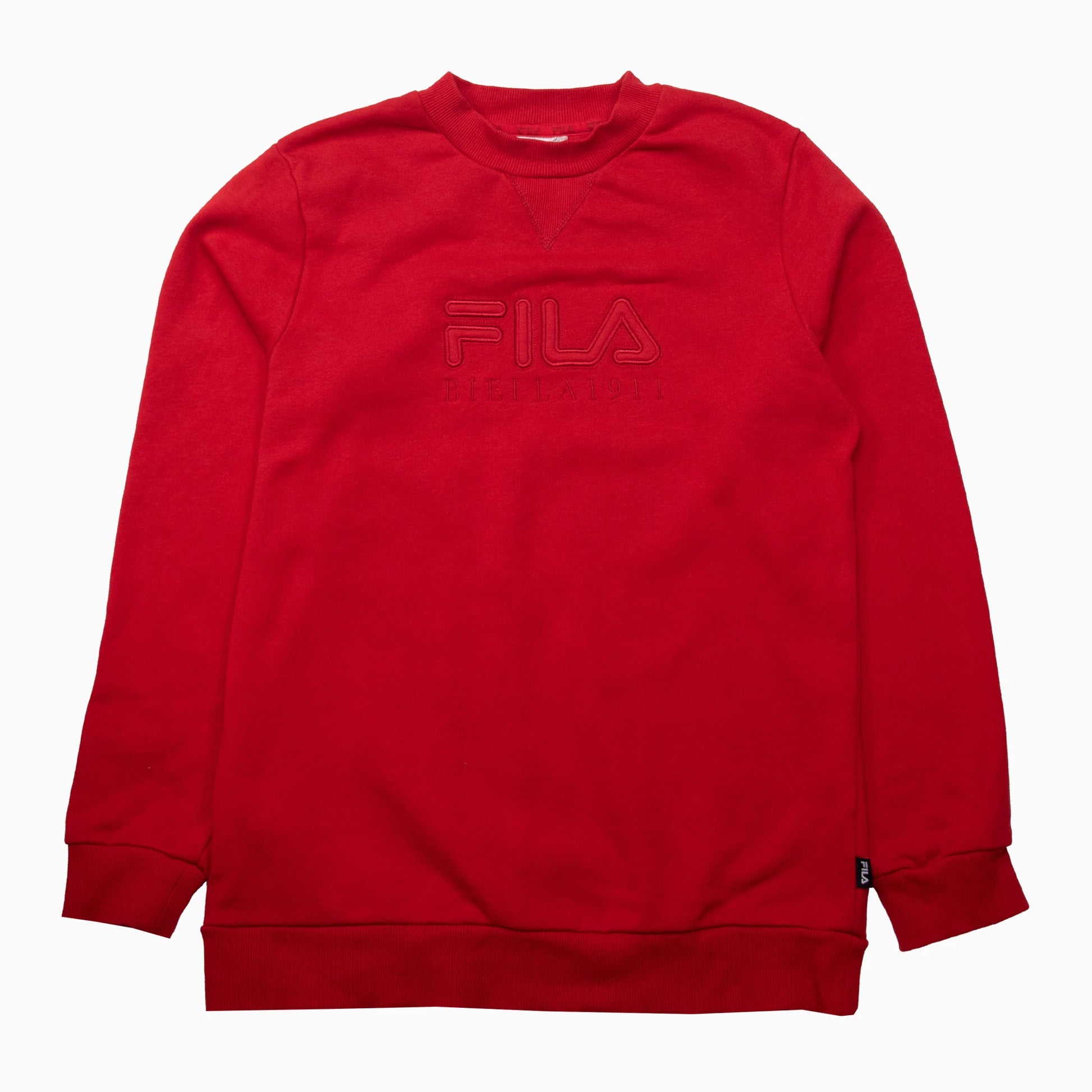 Rotes Vintage Fila Sweatshirt mit gesticktem Logo in Größe M – Vorderansicht
