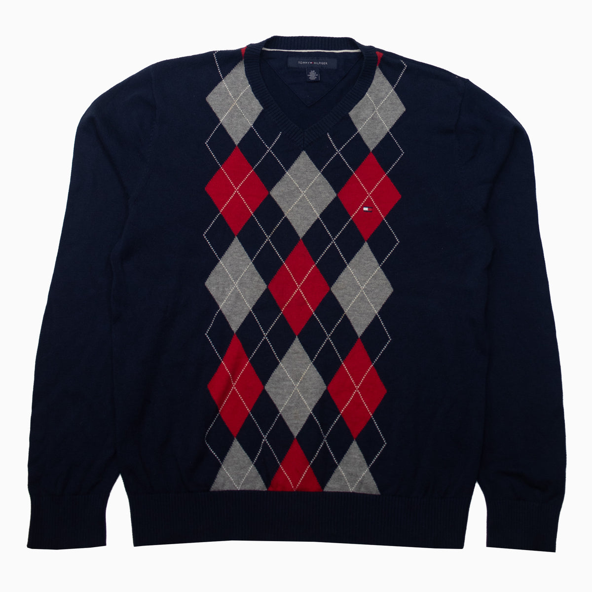 Marineblauer Tommy-Hilfiger-Strickpullover mit roten und grauen Rauten, V-Ausschnitt und kleinem Flaggen-Logo, Vorderseite