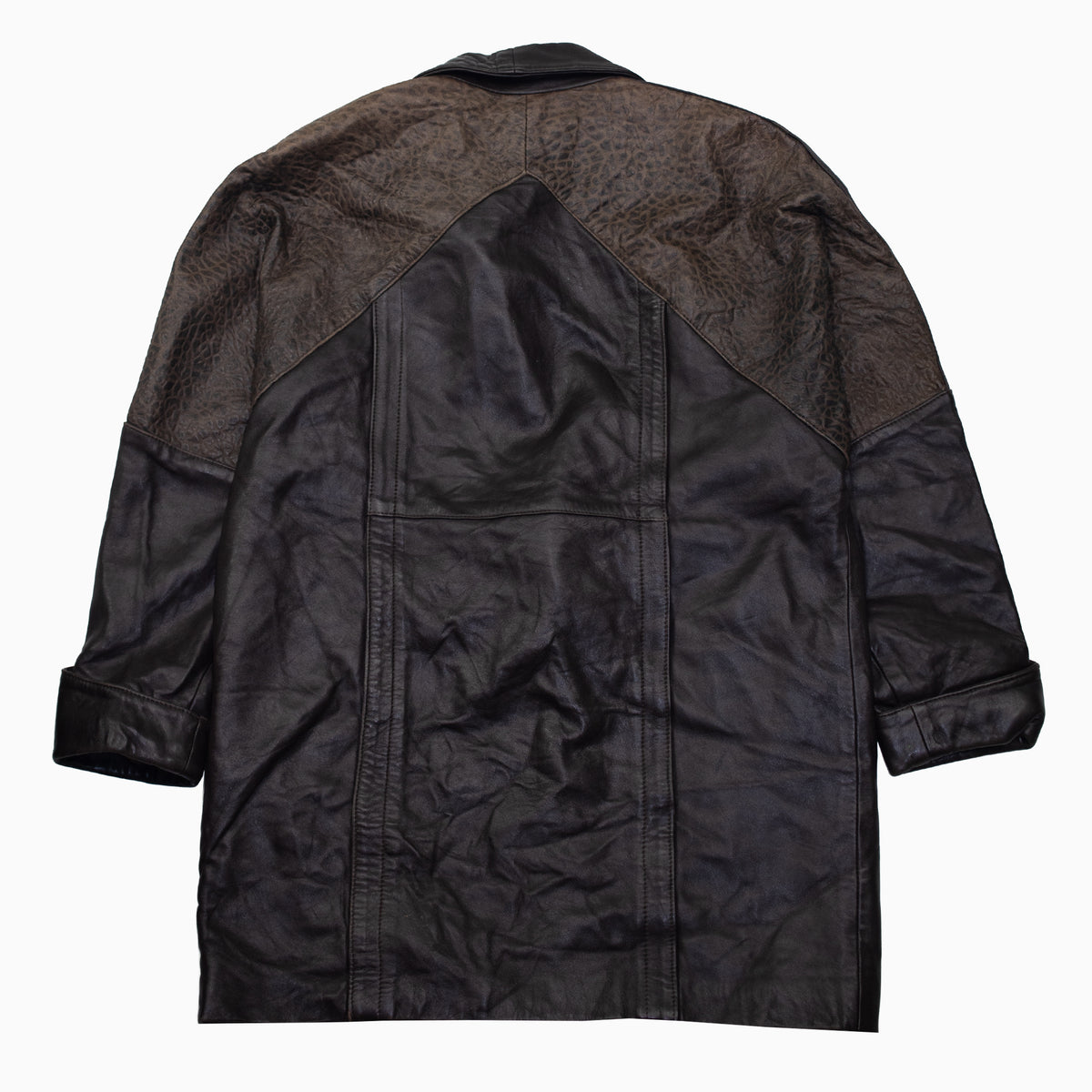 Vintage 80s Giovanni Milano Ledermantel in Braun und Schwarz mit Leo-Muster, Größe L – Rückansicht