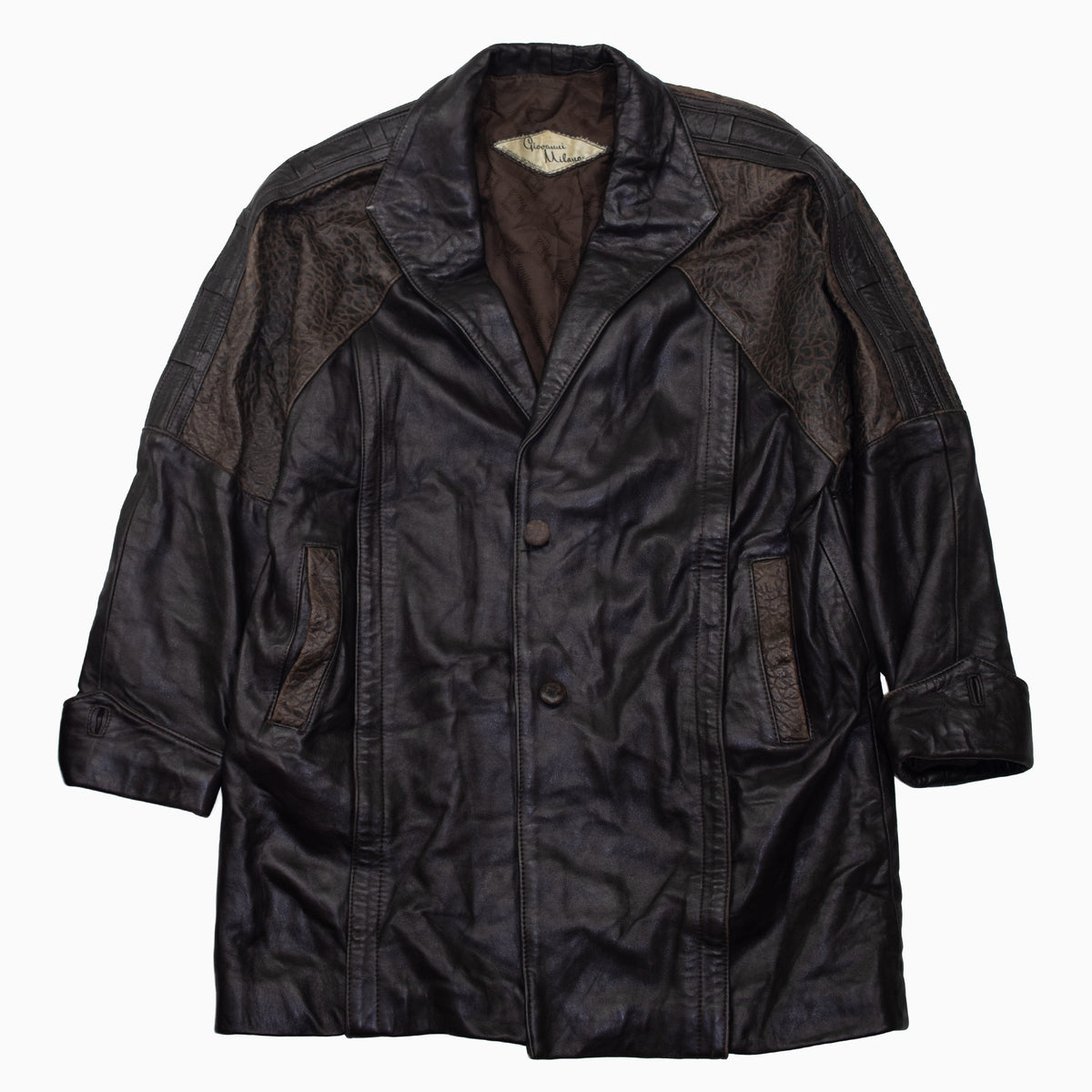 Vintage 80s Giovanni Milano Ledermantel in Braun und Schwarz mit Leo-Muster, Größe L – Vorderansicht