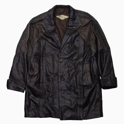 Vintage 80s Giovanni Milano Ledermantel in Braun und Schwarz mit Leo-Muster, Größe L – Vorderansicht