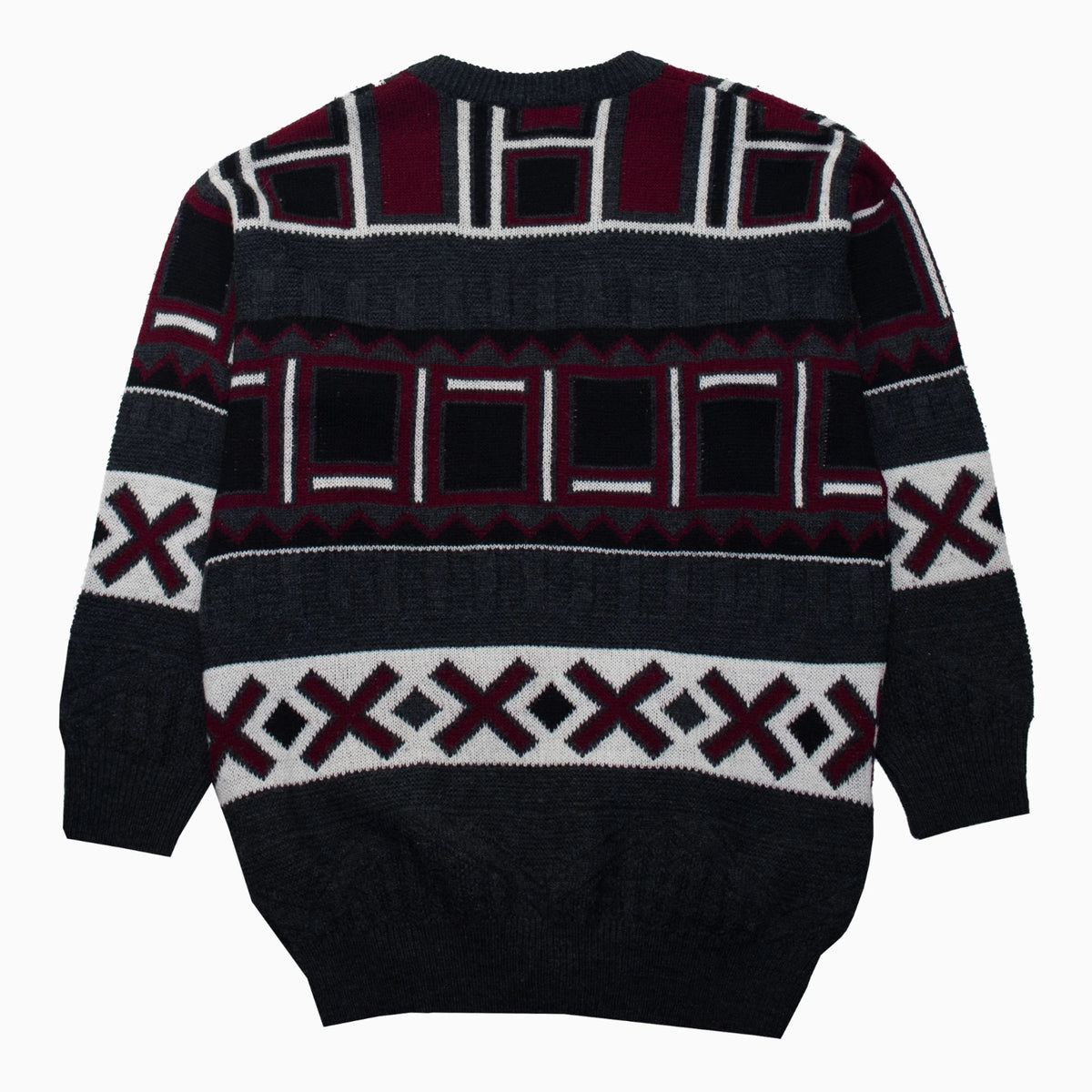 Vintage 80s Laroche Cardigan in Grau und Bordeaux mit geometrischem Muster, Rückansicht