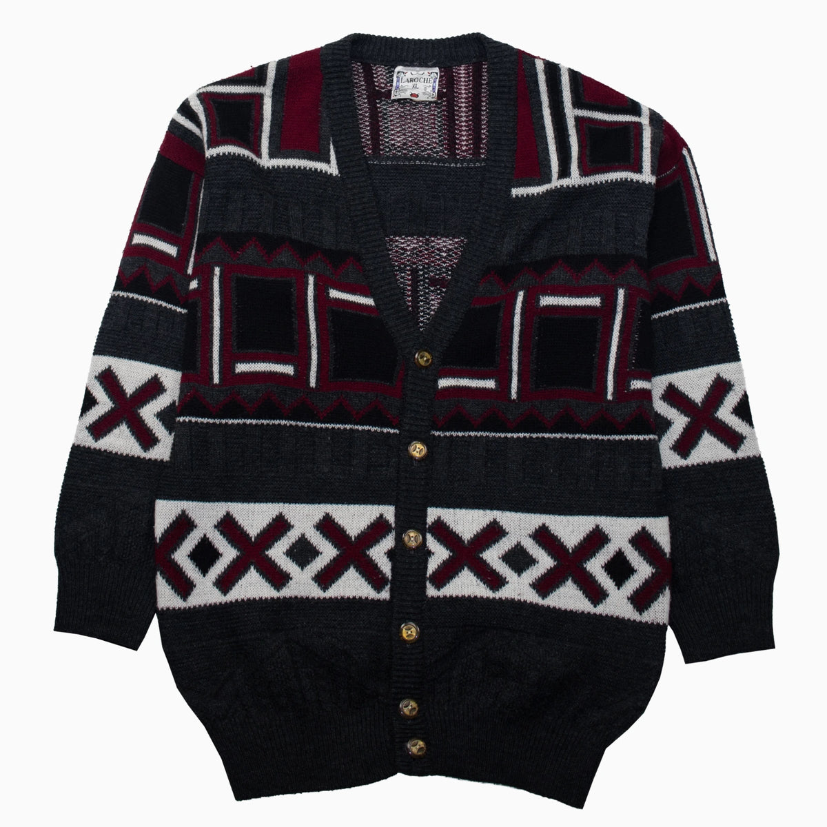 Vintage 80s Laroche Cardigan in Grau und Bordeaux mit geometrischem Muster, Vorderansicht