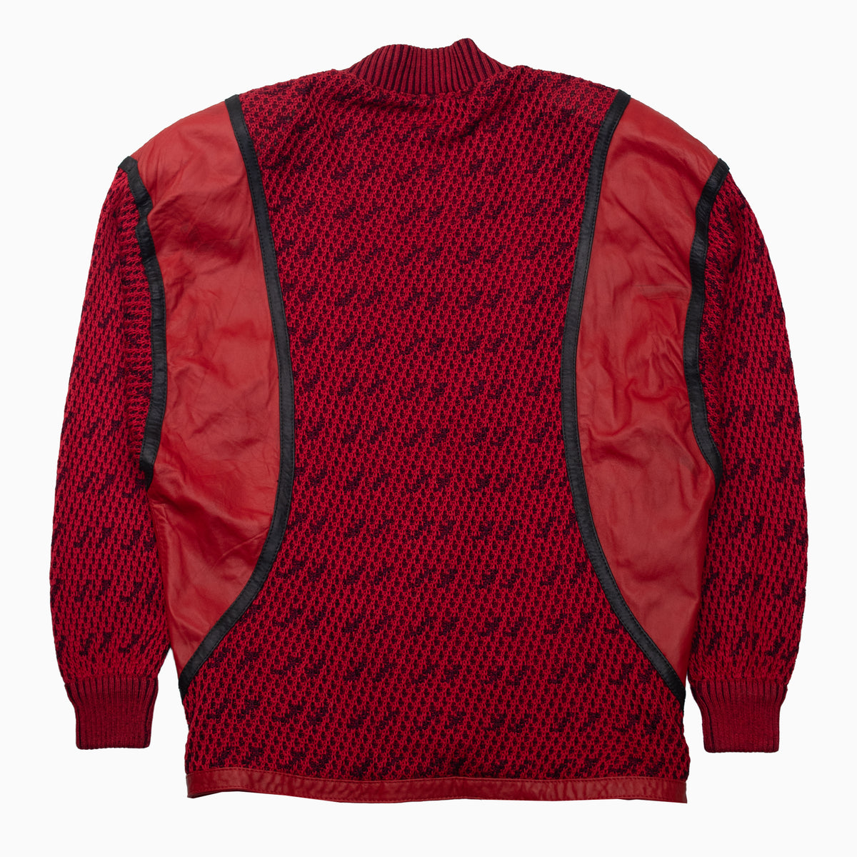 Vintage 80s Torras Leder-Strickjacke in Rot und Schwarz mit Schulterpolstern, Größe M – Rückansicht