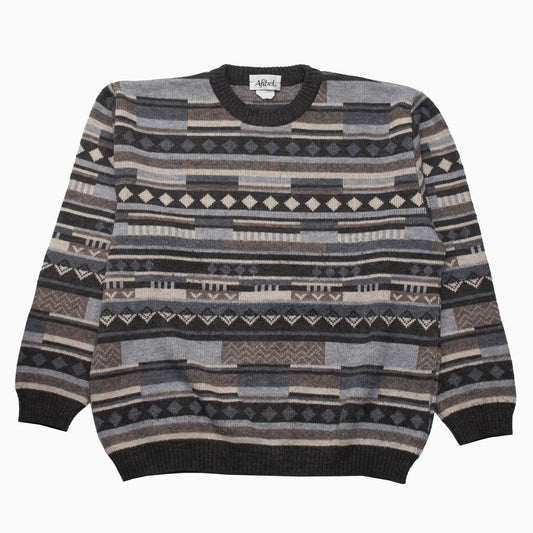 Vintage 90s Afibel Strickpullover in Braun, Graublau und Beige mit Rautenmuster in Größe L – Vorderansicht
