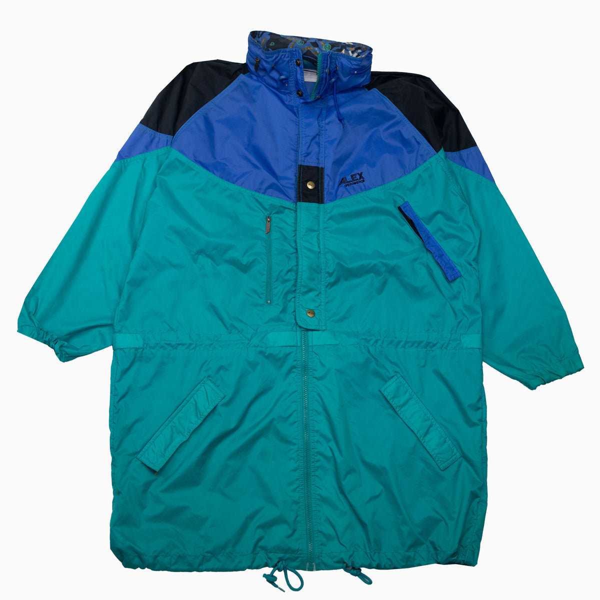 Langer Alex-Athletics-Windbreaker in Türkis, Blau und Schwarz mit Stehkragen und Fronttaschen, Vorderseite