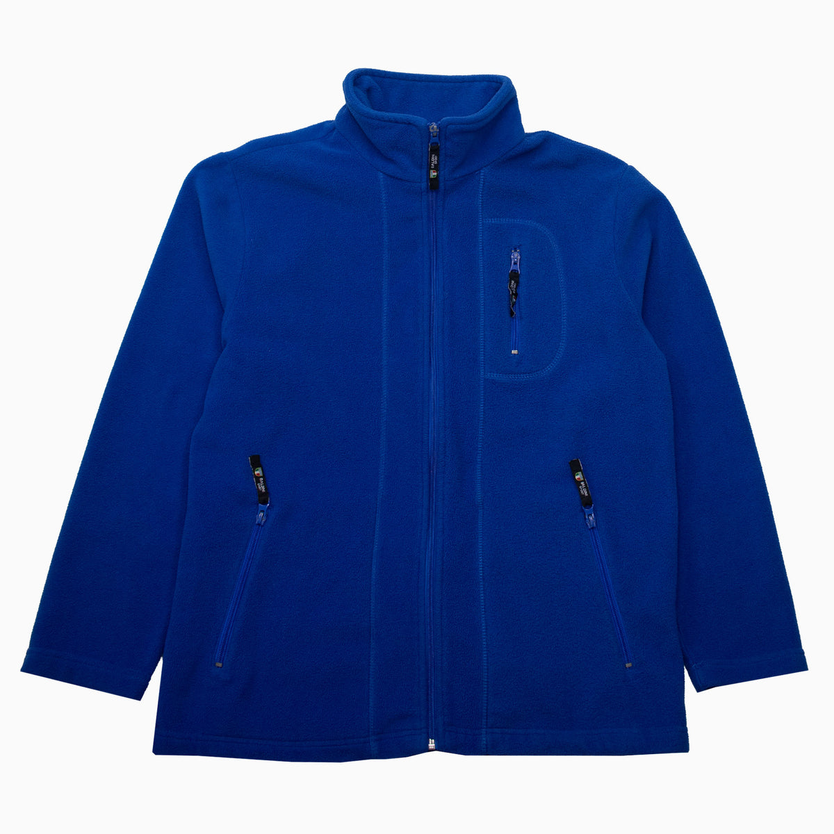 Blaue Baldini-Sport-Fleecejacke mit Stehkragen, Brusttasche und zwei seitlichen Reißverschlusstaschen – Vorderansicht.