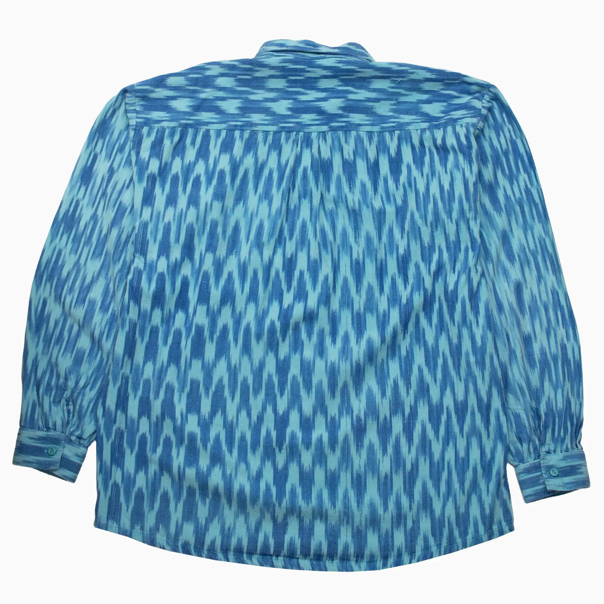 Vintage 90s Crazy Pattern Kurzarmhemd in Blau und Türkis in Größe XL – Rückansicht