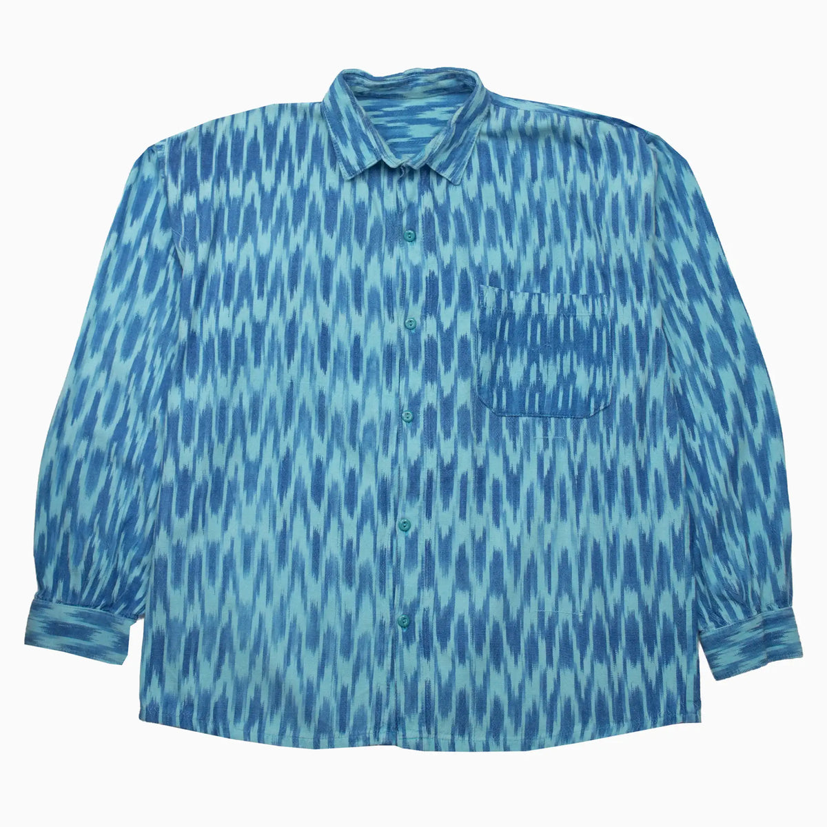 Vintage 90s Crazy Pattern Kurzarmhemd in Blau und Türkis in Größe XL – Vorderansicht