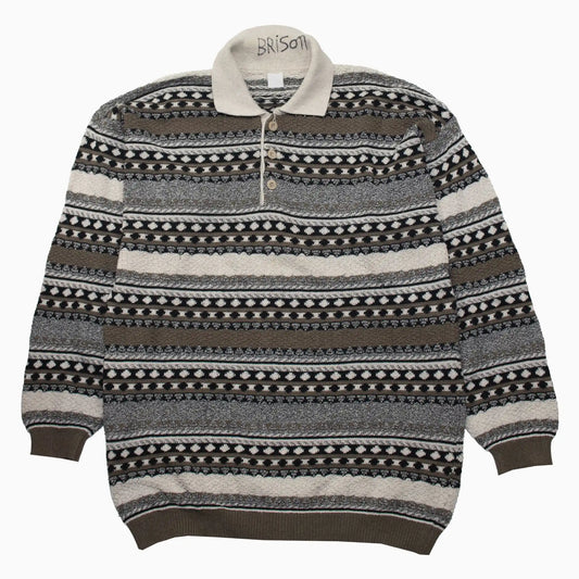 Vintage 90s Brison Strickpullover in Braun, Beige und Schwarz in Größe L – Vorderansicht
