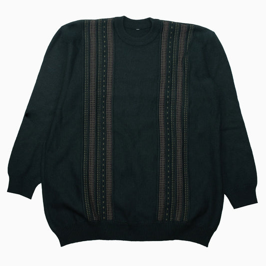 Vintage 90s Cable Knit Strickpullover in Tannengrün und Beige in Größe L – Vorderansicht
