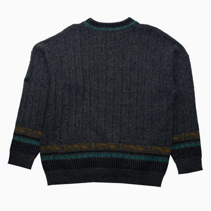 Vintage 90s Strickpullover in Grau mit grünen und ockerfarbenen Details, Rückansicht