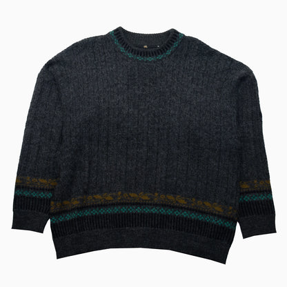 Vintage 90s Strickpullover in Grau mit grünen und ockerfarbenen Details, Vorderansicht