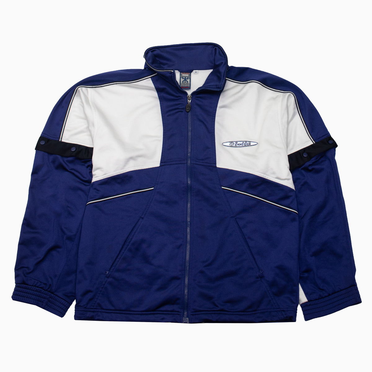 Blau-weiße Lotto-Trainingsjacke aus den 90ern mit schwarzen Zierbändern an den Ärmeln und Brustlogo, Vorderseite