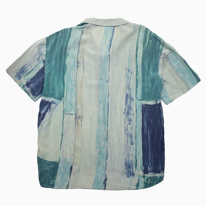 Vintage 90s Messon Crazy Pattern Kurzarmhemd in Blau, Grün und Beige mit abstraktem Muster – Size XXL