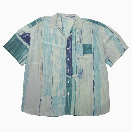 Vintage 90s Messon Crazy Pattern Kurzarmhemd in Blau, Grün und Beige mit abstraktem Muster – Size XXL