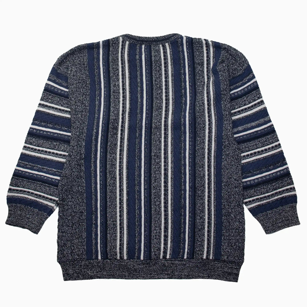 Vintage 90s Seasons Baumwoll-Strickpullover in Marineblau, Blau und Weiß, Größe L – Rückansicht