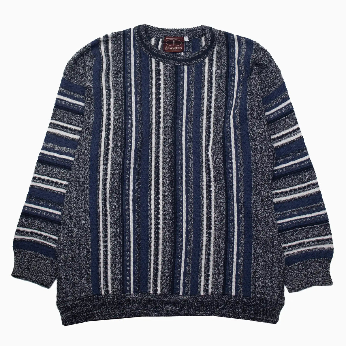 Vintage 90s Seasons Baumwoll-Strickpullover mit Streifenmuster in Blau und Weiß, Größe L – Vorderansicht