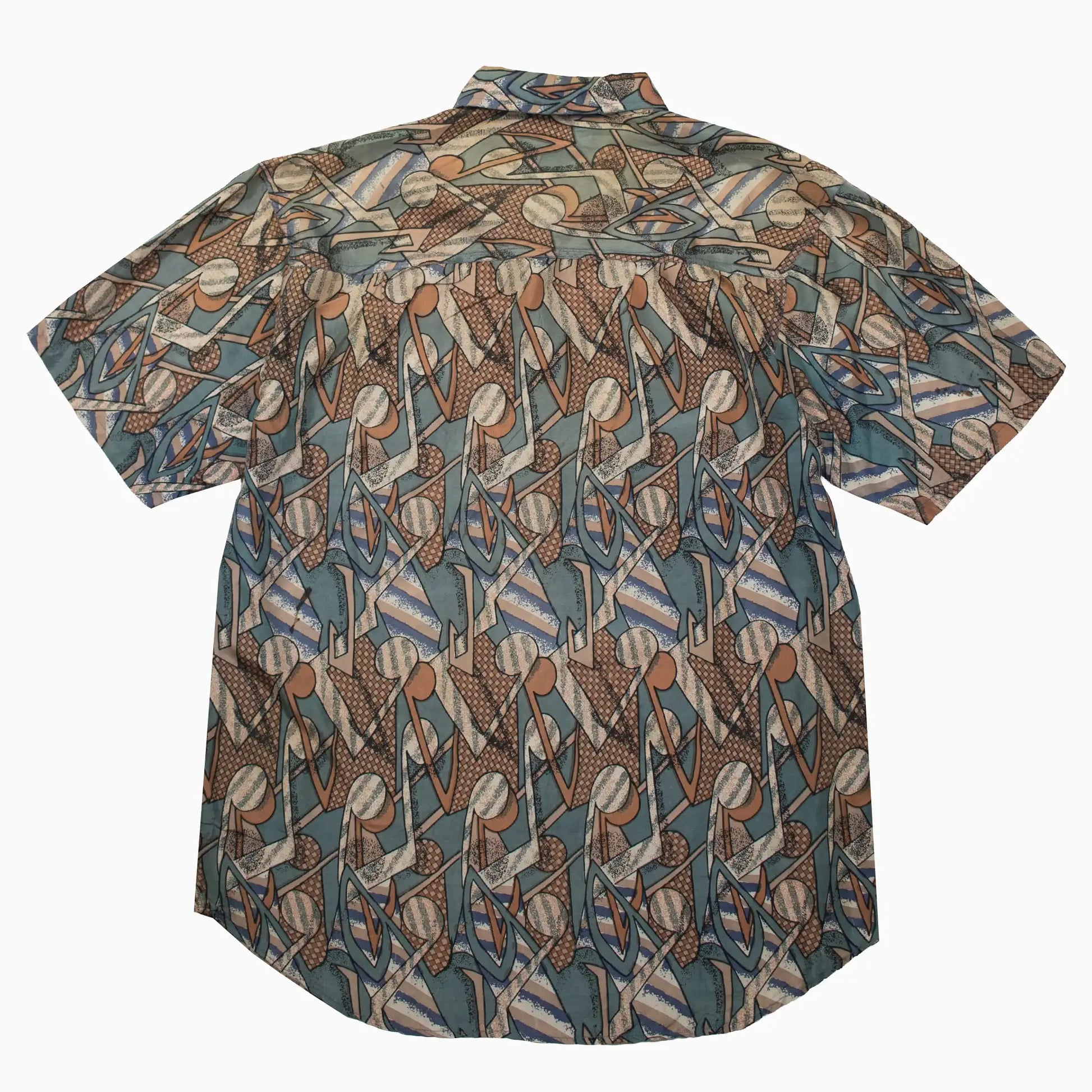 Vintage 90s Silk King Seiden Kurzarmhemd in Braun, Blau und Beige in Größe L – Rückansicht