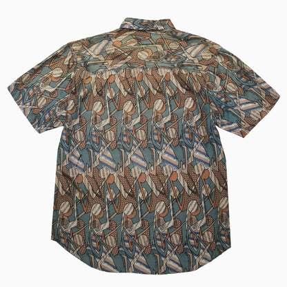 Vintage 90s Silk King Seiden Kurzarmhemd in Braun, Blau und Beige in Größe L – Rückansicht