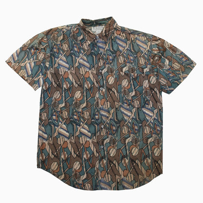 Vintage 90s Silk King Seiden Kurzarmhemd in Braun, Blau und Beige in Größe L – Vorderansicht