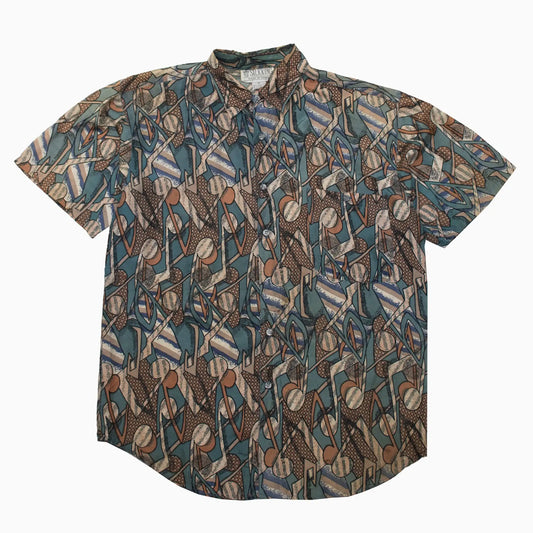 Vintage 90s Silk King Seiden Kurzarmhemd in Braun, Blau und Beige in Größe L – Vorderansicht