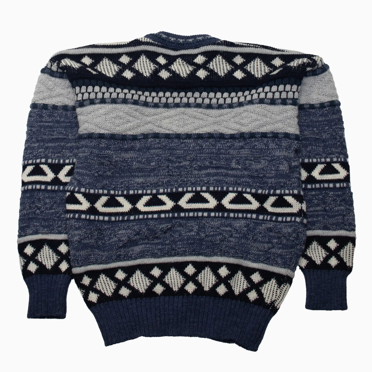 Vintage 90s Sovrano Wollpullover in Blau, Grau und Weiß, Größe M – Rückansicht