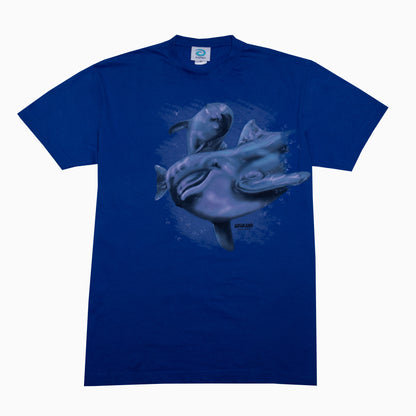 Blaues Vintage T-Shirt mit großem Aspro Delfin-Motiv auf der Vorderseite, unisex, Größe M