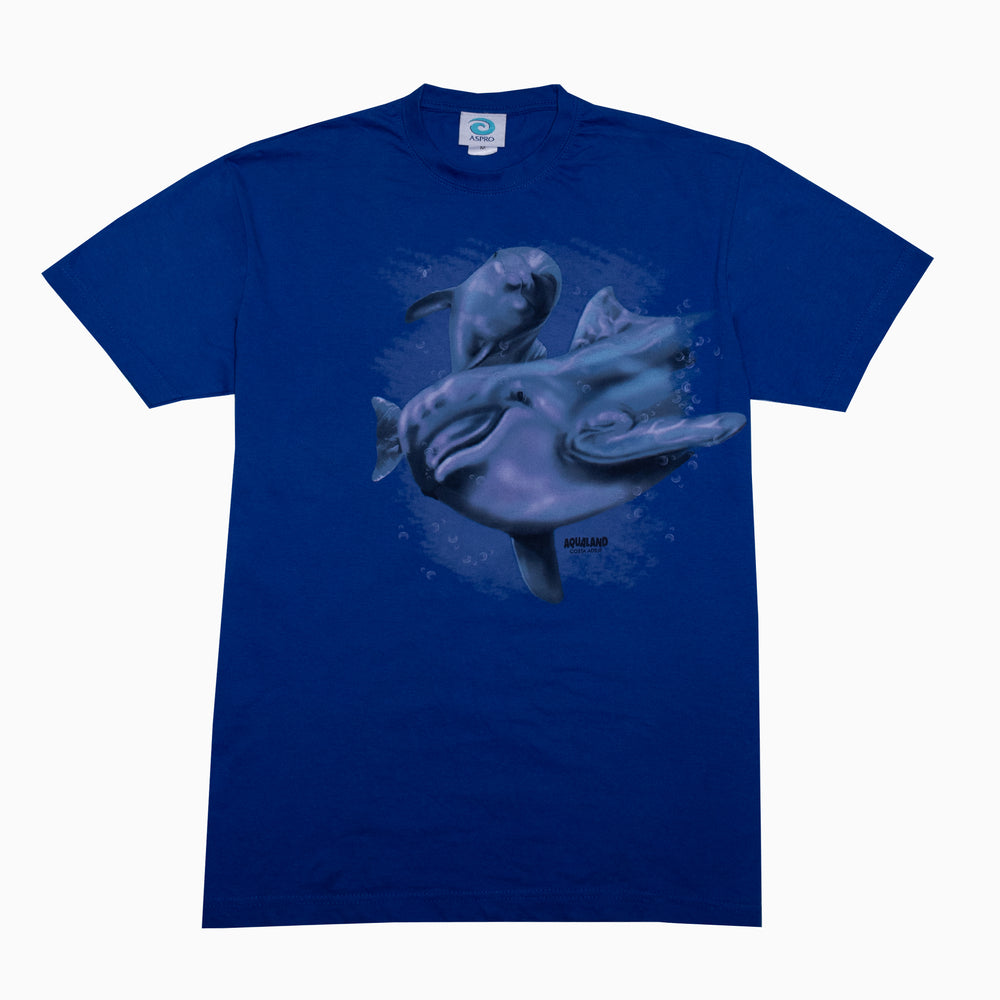Blaues Vintage T-Shirt mit großem Aspro Delfin-Motiv auf der Vorderseite, unisex, Größe M