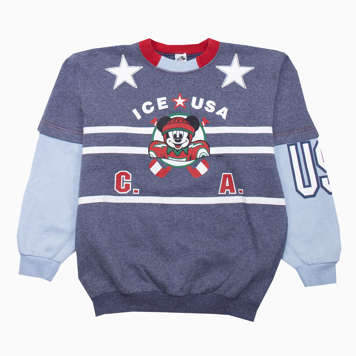 Grauer Vintage Disney on Ice Sweater mit großem USA-Grafikprint und Mikey Mouse, unisex, Größe XS