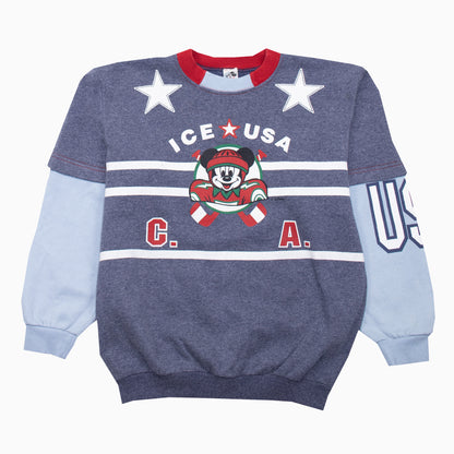 Grauer Vintage Disney on Ice Sweater mit großem USA-Grafikprint und Mikey Mouse, unisex, Größe XS