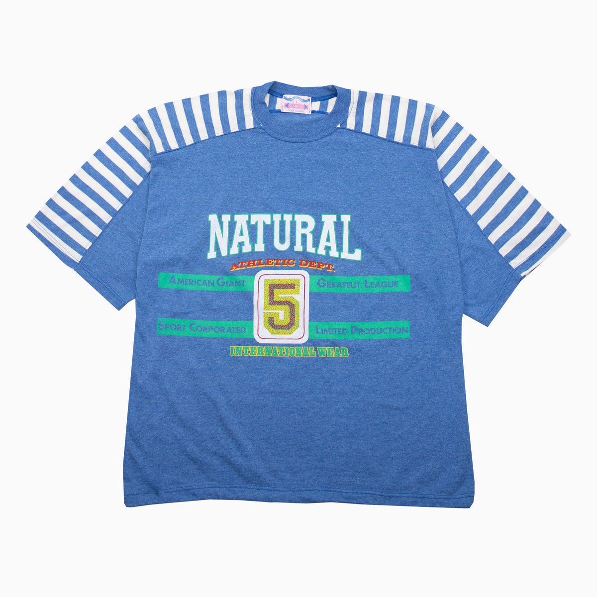 Blaues Vintage T-Shirt von Ergos Sportswear mit großem „Natural Athletic Dept.“ Frontprint, unisex, Größe XL