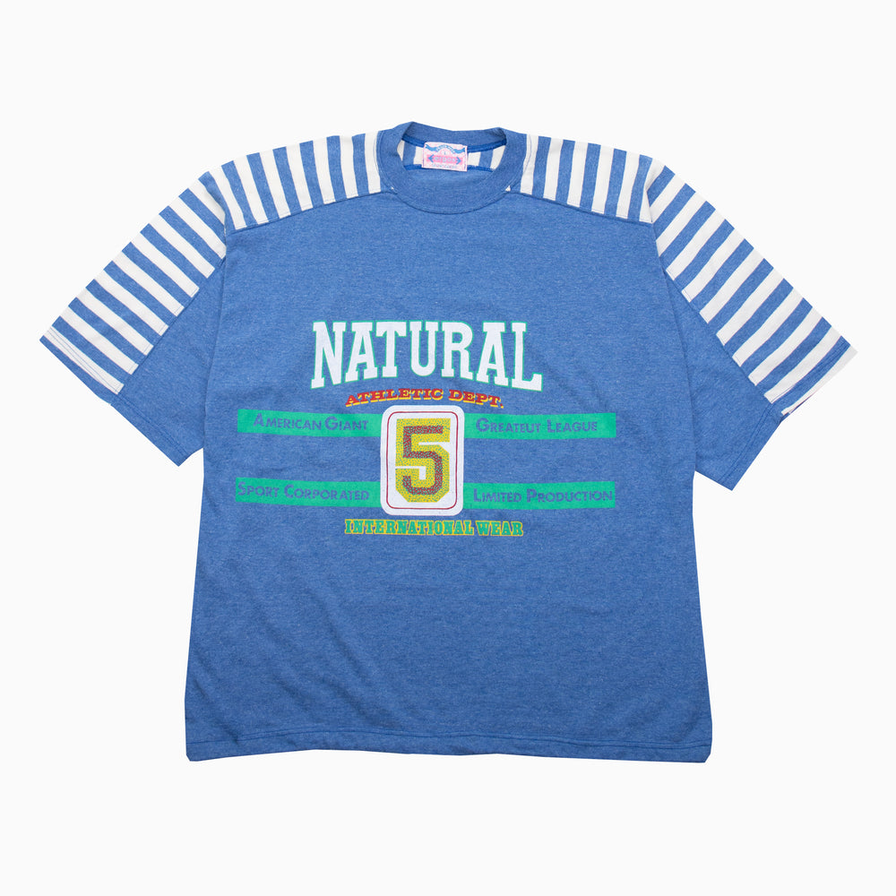 Blaues Vintage T-Shirt von Ergos Sportswear mit großem „Natural Athletic Dept.“ Frontprint, unisex, Größe XL