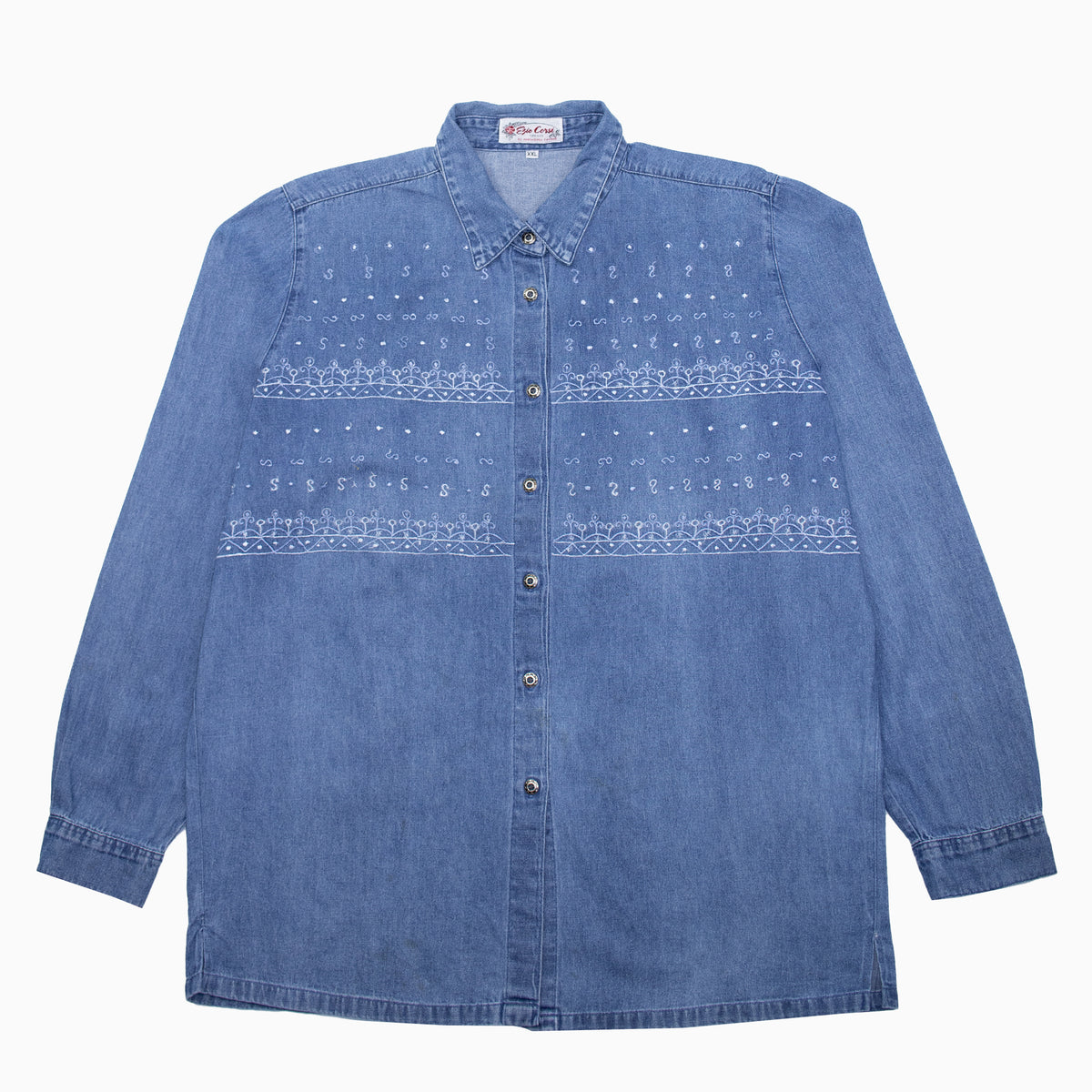 Vintage Jeanshemd von Ezio Corsi in Blau mit floraler Stickerei auf der Vorderseite, unisex, Größe XL