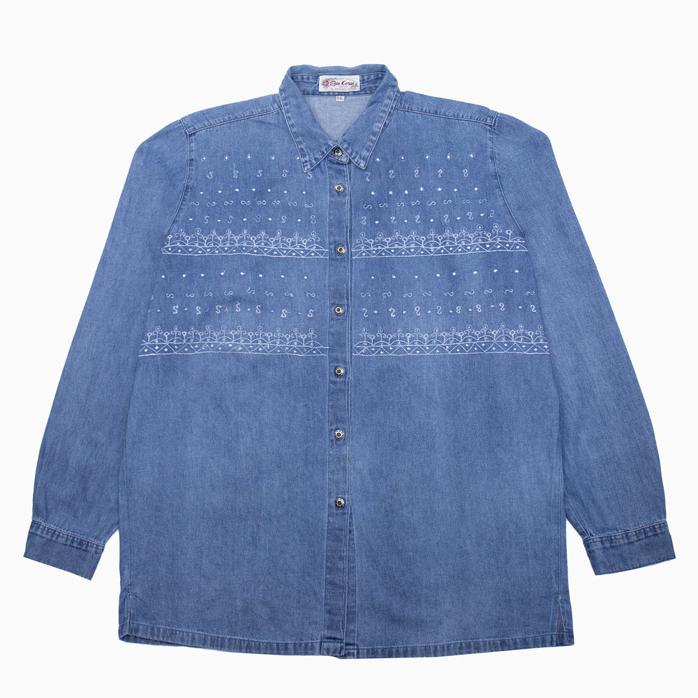 Vintage Jeanshemd von Ezio Corsi in Blau mit floraler Stickerei auf der Vorderseite, unisex, Größe XL