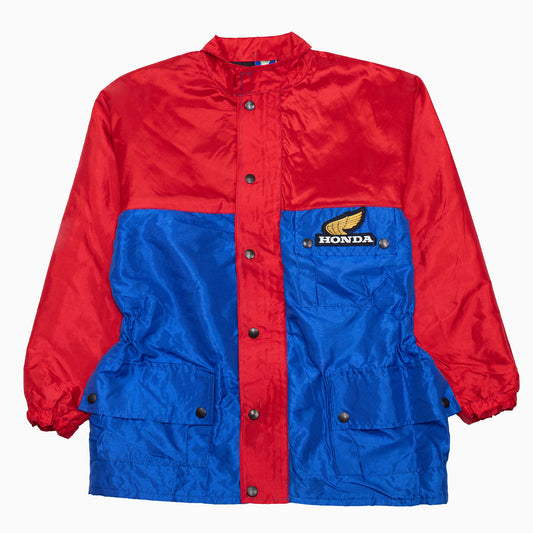 Vintage Honda racing jacket in blue and red, full zip motorsport style with logo, size M, retro streetwear piece
