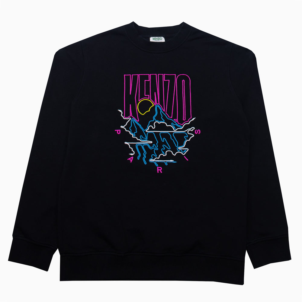 schwarzer Vintage Kenzo Paris Pullover mit auffälligem Sticklogo auf der Brust, unisex, Größe XS