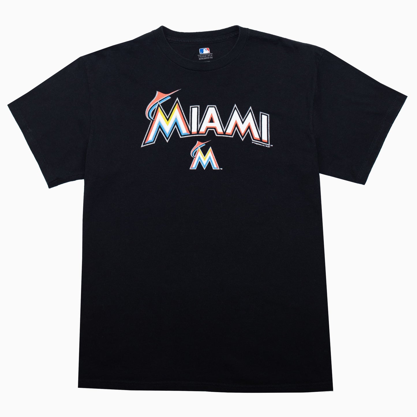 Vintage MLB Miami Marlins T-Shirt in Schwarz mit großem Team Print – Size L