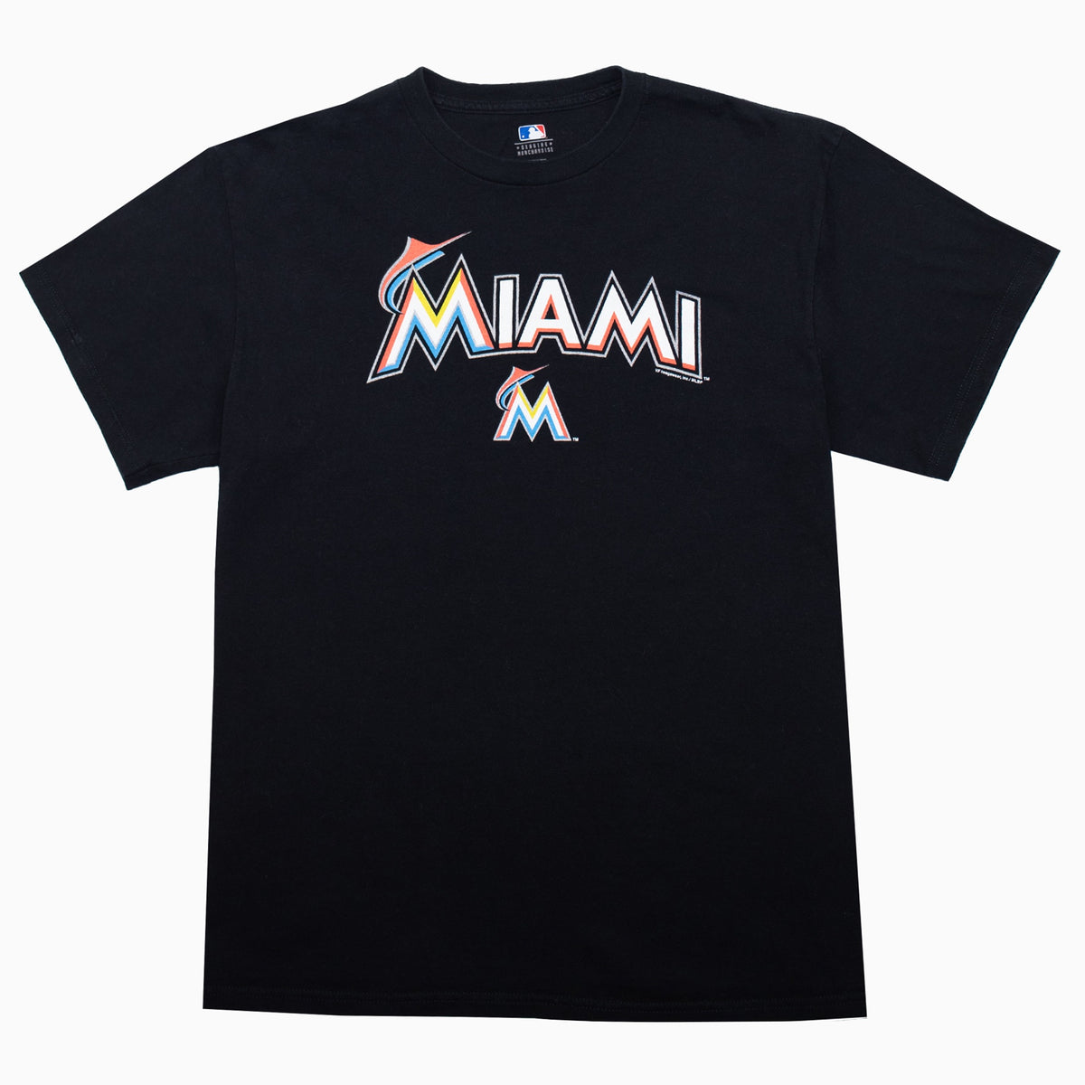 Vintage MLB Miami Marlins T-Shirt in Schwarz mit großem Team Print – Size L