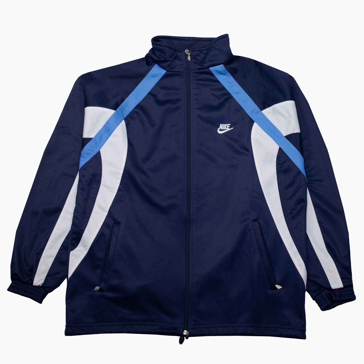 Vintage Nike Trainingsjacke in Navy, Grau und Weiß mit Zipper, Logo-Stickerei und sportlichem Colorblock-Design, unisex, Größe XL