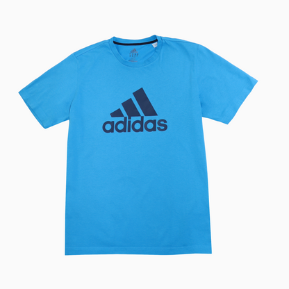 Schwarzes Vintage Adidas T-Shirt blau aus den 2000ern mit großem  Logo-Print auf der Vorderseite, unisex, Größe M