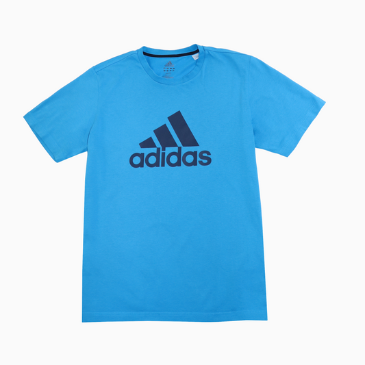 Schwarzes Vintage Adidas T-Shirt blau aus den 2000ern mit großem  Logo-Print auf der Vorderseite, unisex, Größe M