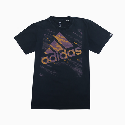 Graues Vintage Adidas T-Shirt aus den 2000ern mit großem Logo-Print auf der Vorderseite, unisex, Größe s