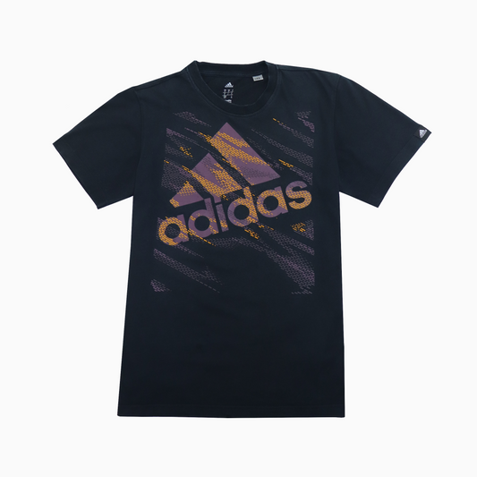 Graues Vintage Adidas T-Shirt aus den 2000ern mit großem Logo-Print auf der Vorderseite, unisex, Größe s