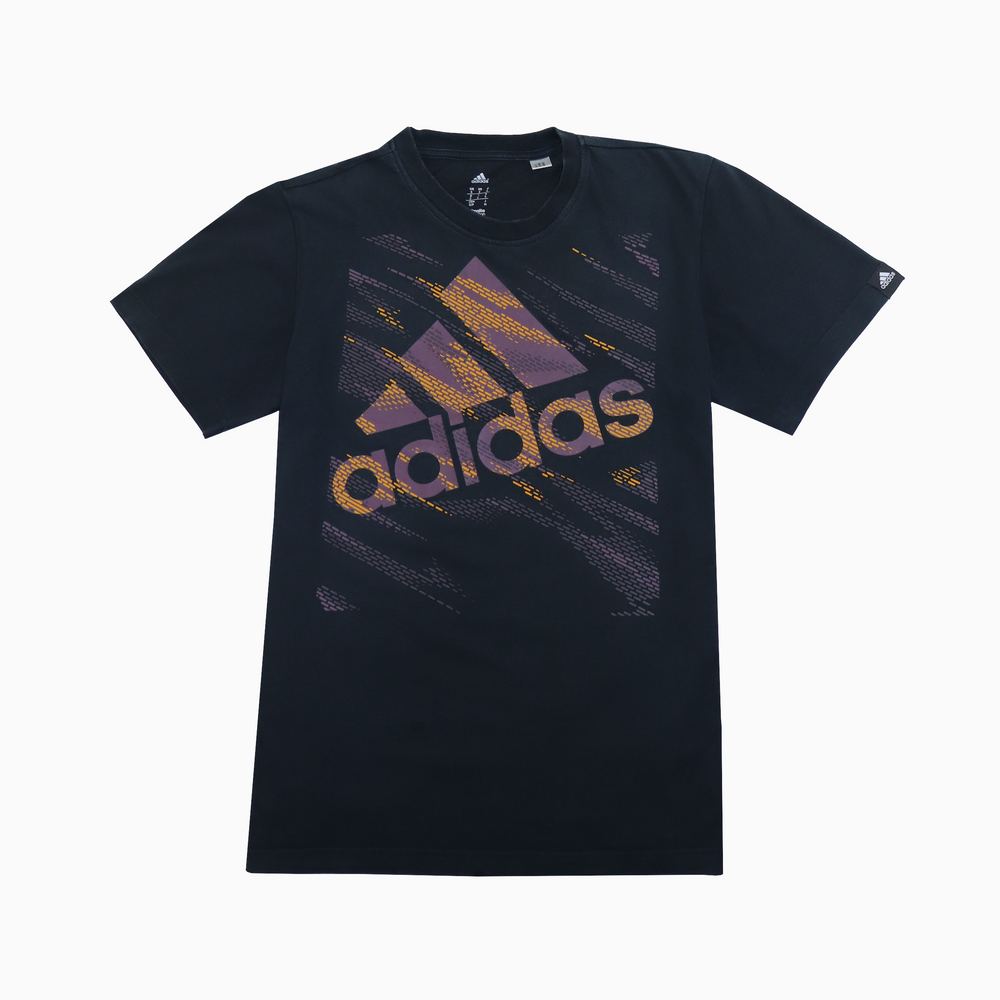 Graues Vintage Adidas T-Shirt aus den 2000ern mit großem Logo-Print auf der Vorderseite, unisex, Größe s