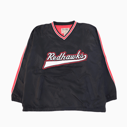 Schwarzer Vintage Jumper von Steve & Barry’s mit großem Redhawks-Collegeprint auf der Brust, unisex, Größe M