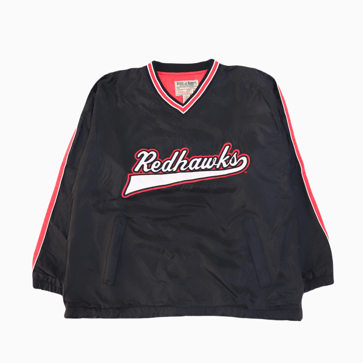 Schwarzer Vintage Jumper von Steve & Barry’s mit großem Redhawks-Collegeprint auf der Brust, unisex, Größe M